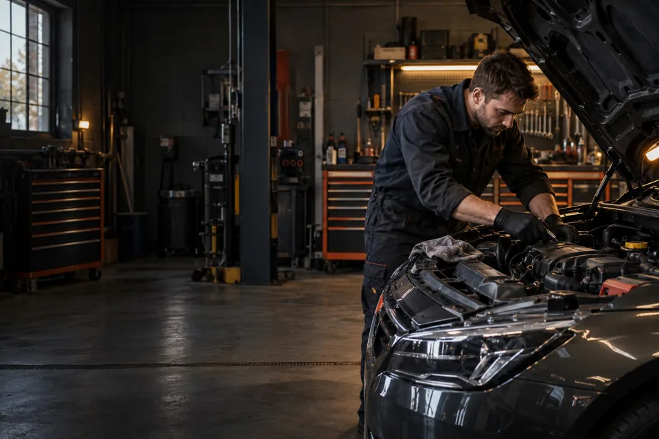 Mechanic working on a car in the Andrews garage concept